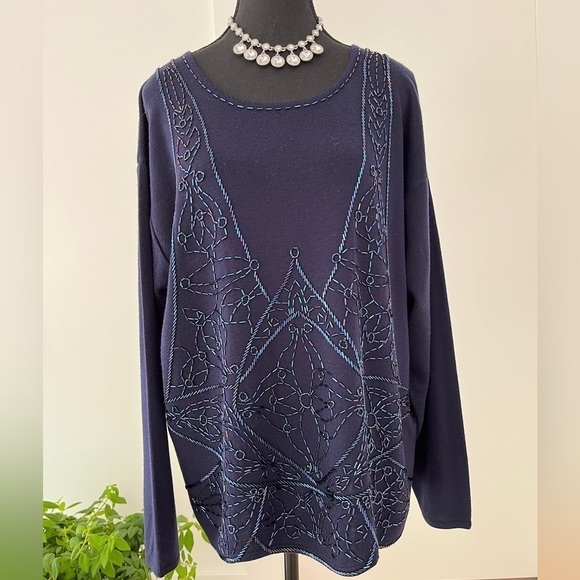 JACQUES VERT Navy Blue Iridescent Beads Fine Knit Sweater Embellished Fancy - Picture 4 of 16